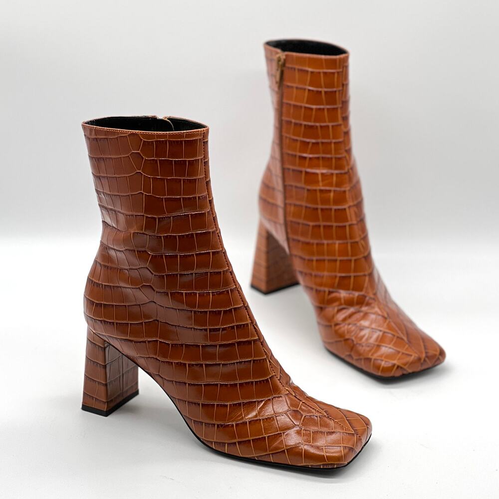 BY FAR Celine Square Toe Croc Embossed Boot Womens 40 Brown Leather Ankle Heeled